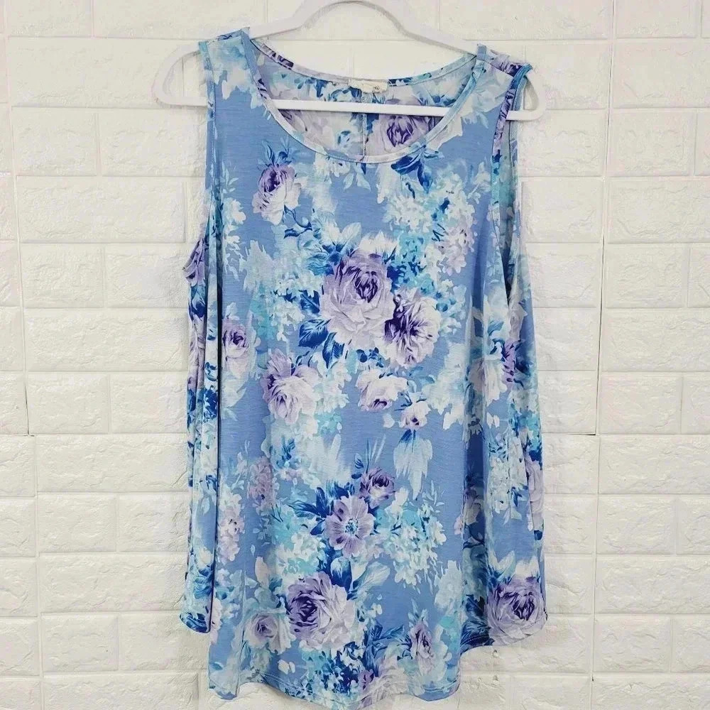 Sweet Lovely Women's Floral Relaxed Fit Tunic Top Sleeveless Blue Size 1XL